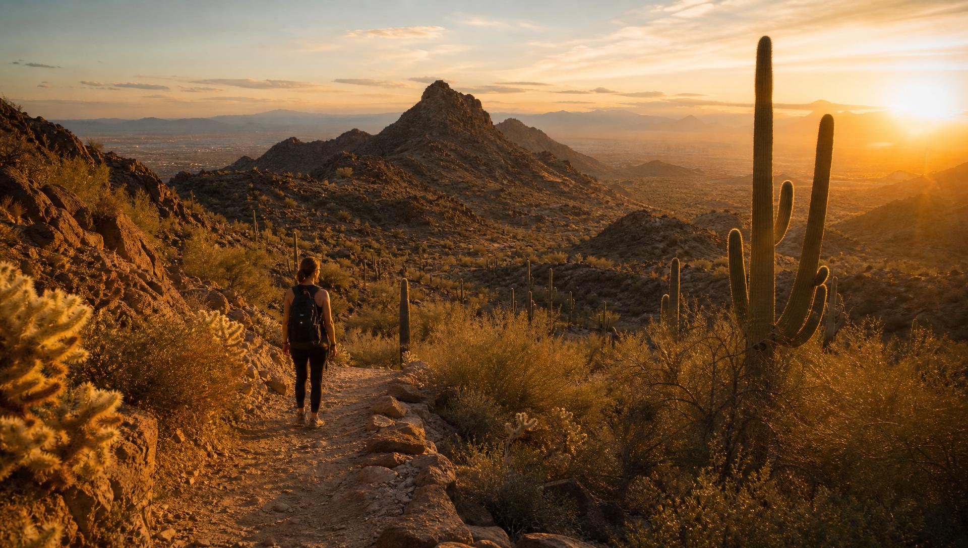 Hiker on a McDowell Mountain trail at golden hour