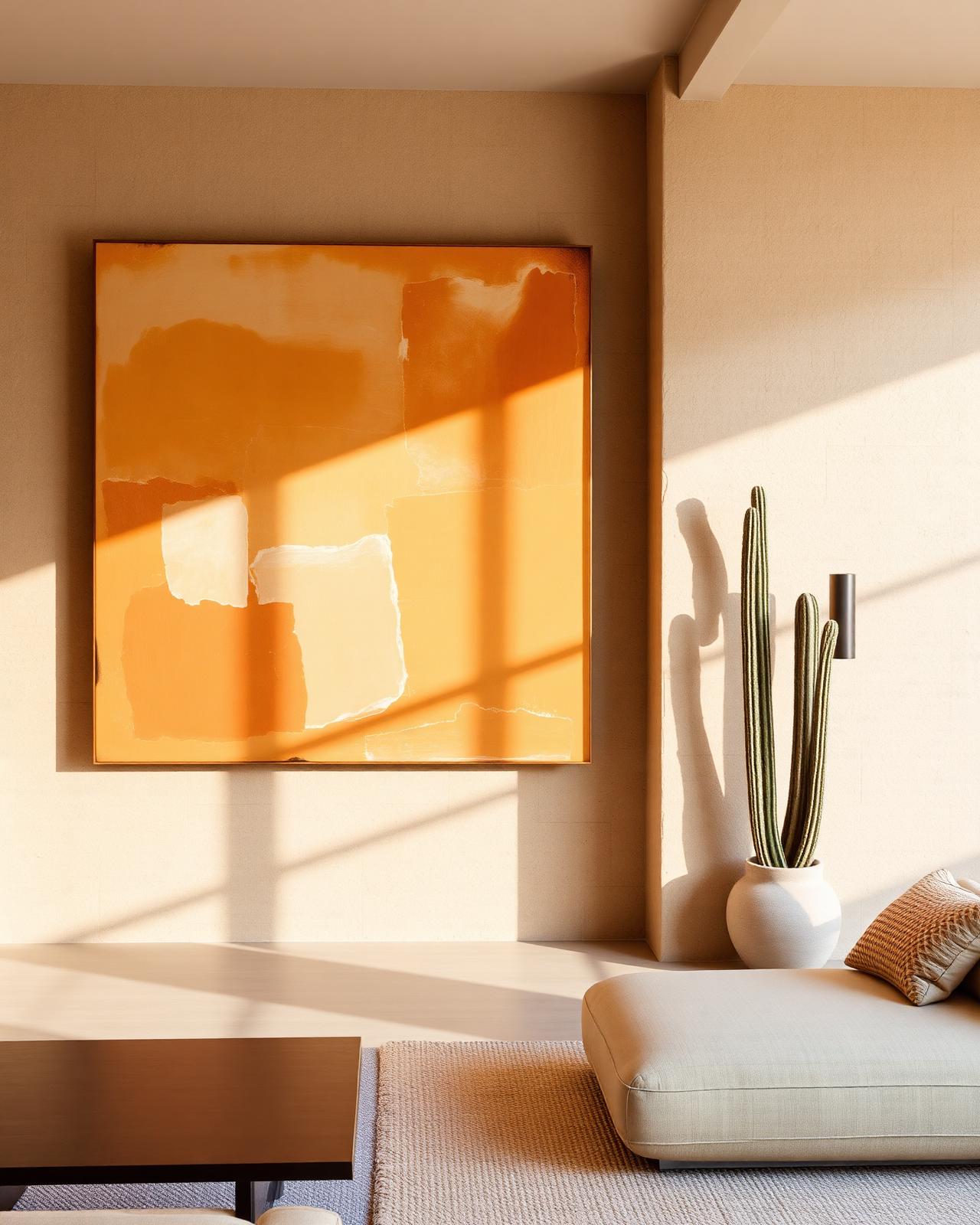 Contemporary canvas in a stone-walled interior