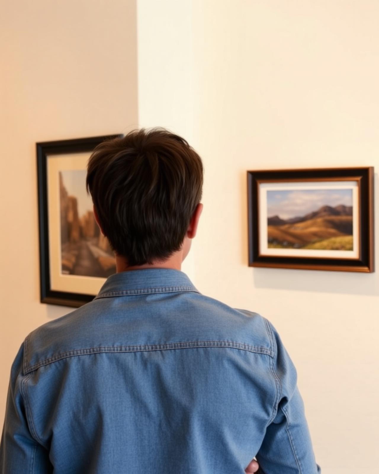 A first-time collector studying a painting in a small gallery