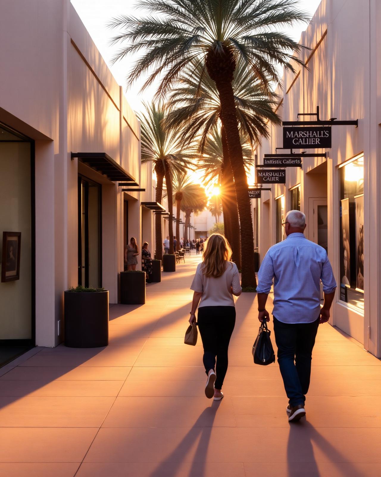 Two visitors walking between galleries on Marshall Way