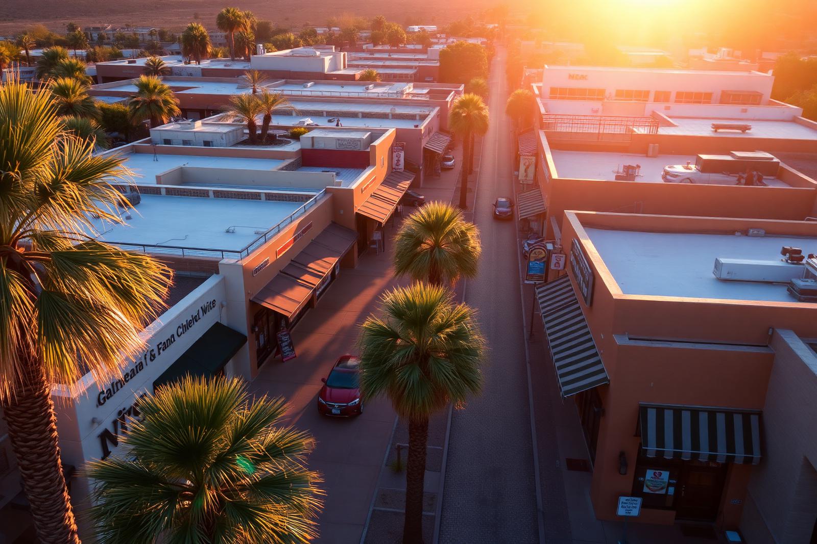 A long horizontal photograph of Marshall Way at dusk, gallery windows lit