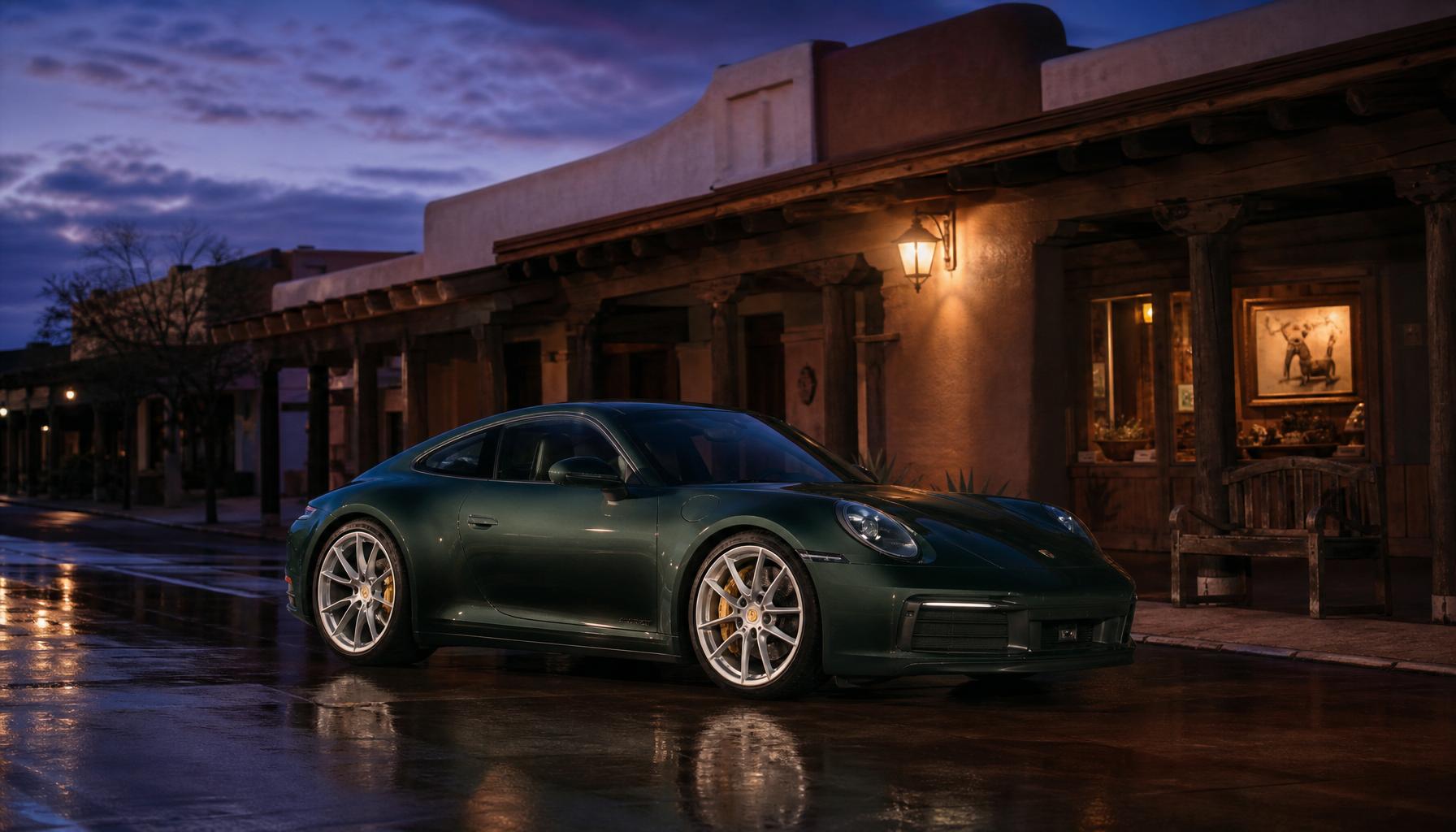 An Aventurine Green Porsche 911 parked alone on a quiet Old Town Scottsdale street before sunrise