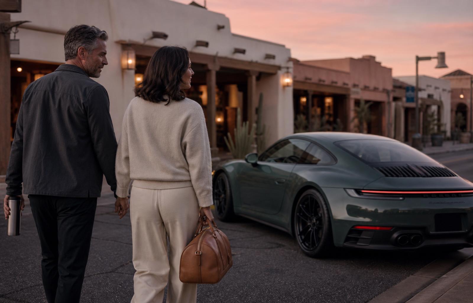 A couple walking toward an Aventurine Green Porsche 911 in Old Town Scottsdale at sunset