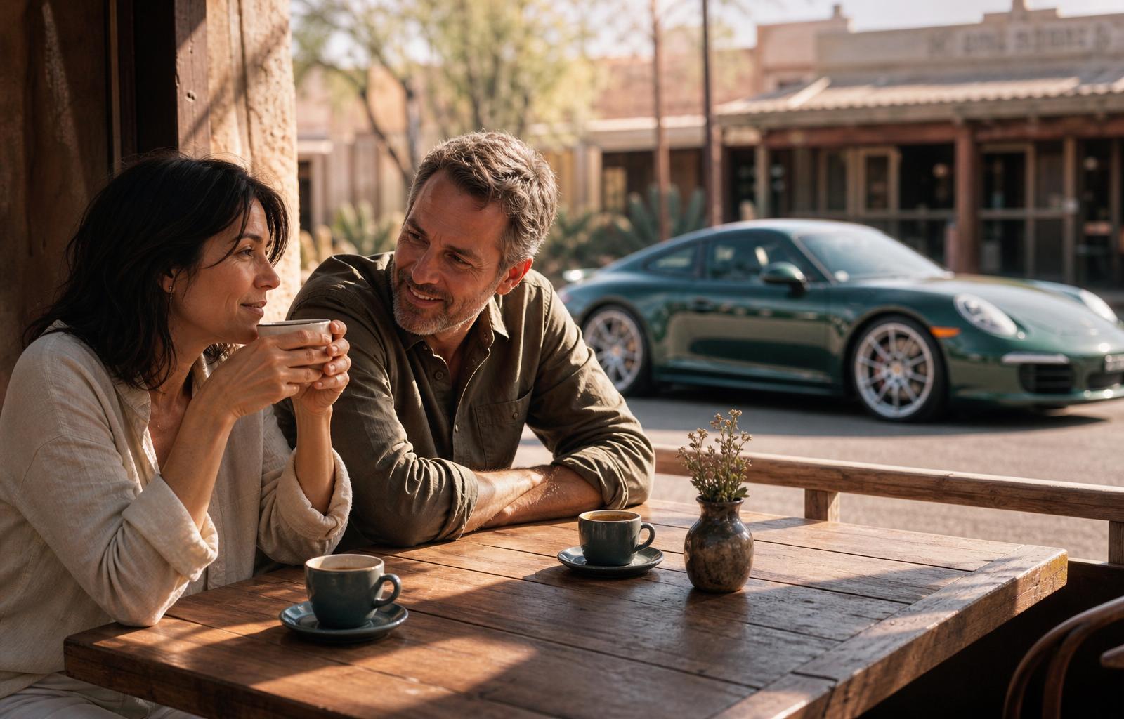 A couple in their mid-40s at a small wooden outdoor cafe table in Cave Creek, morning light slanting across the table, two small ceramic espresso cups, an Aventurine Green Porsche 911 visible at the curb behind them in soft focus