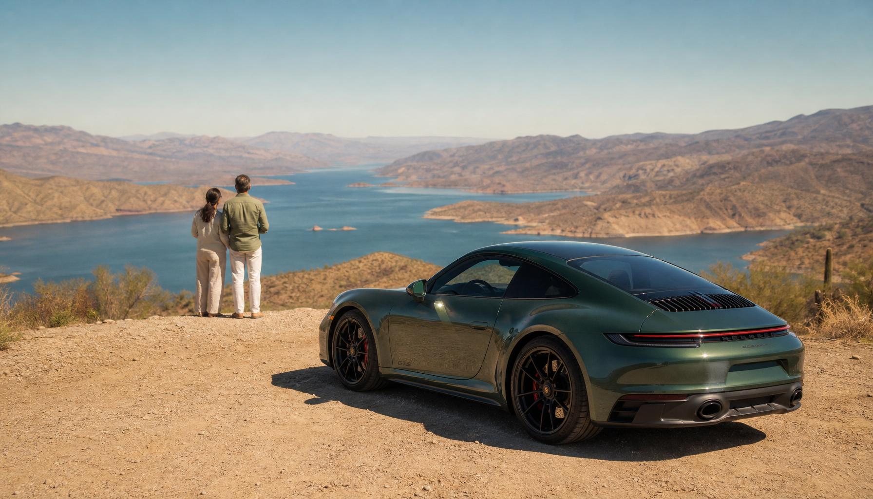 Wide landscape of the Bartlett Lake overlook north of Scottsdale, an Aventurine Green Porsche 911 parked on a dusty dirt pullout in the foreground, a couple standing small at the edge of the overlook looking out across the deep blue lake and tan ochre ridges fading to the horizon