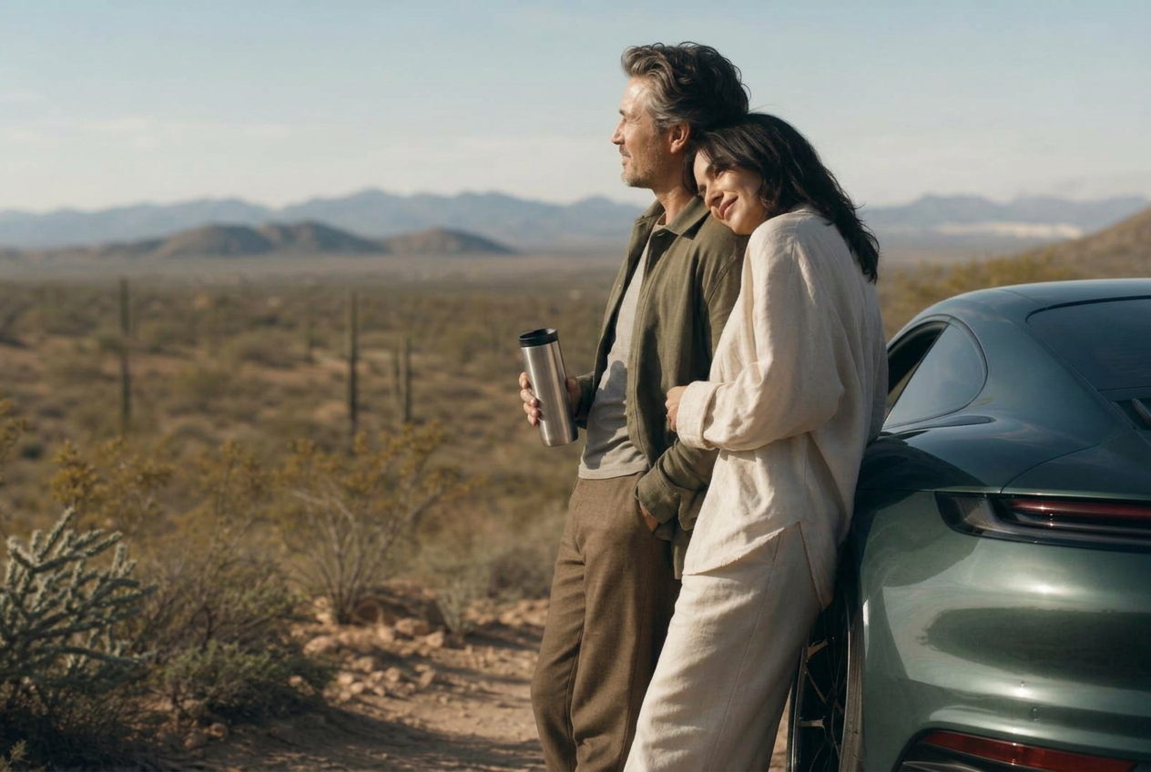Intimate portrait of the couple leaning against the rear quarter of an Aventurine Green Porsche 911 at a Sonoran desert pullout, her arm wrapped around him with her head resting at his shoulder, a brushed steel insulated travel tumbler in his hand, looking out at distant blue ridges in soft warm late-morning light