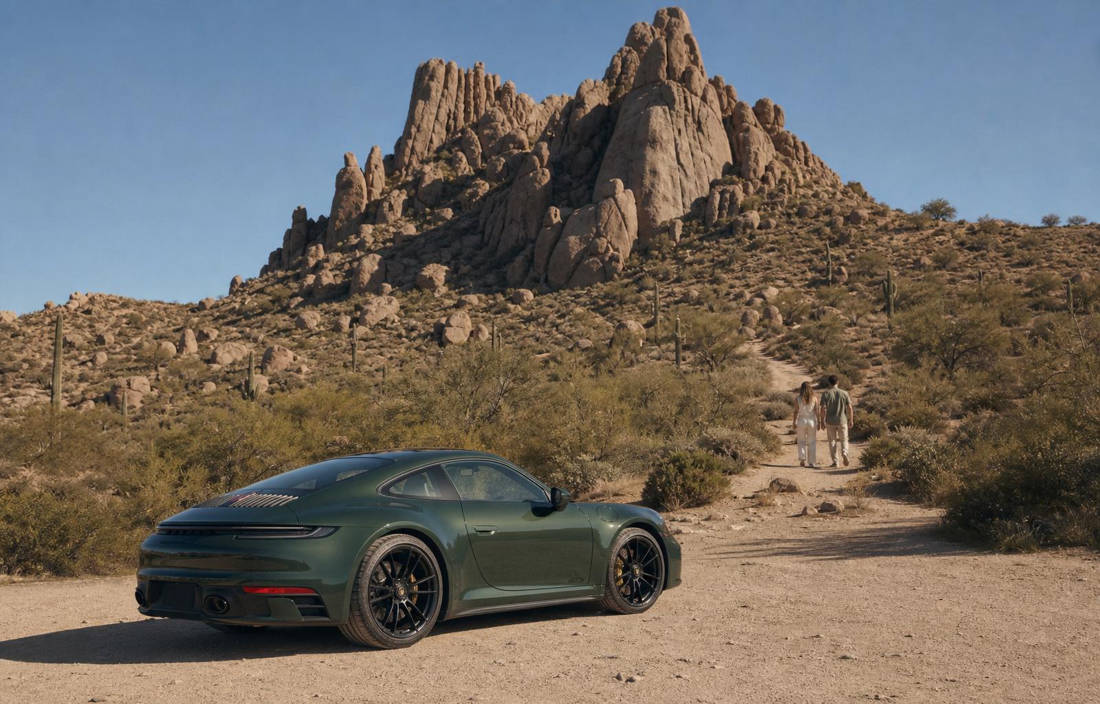 The dramatic granite boulder spires of Pinnacle Peak rising under a hard midday sun, an Aventurine Green Porsche 911 parked alone on a sandy pullout in the lower foreground, the couple walking together as small figures up a short sandy trail toward the peak