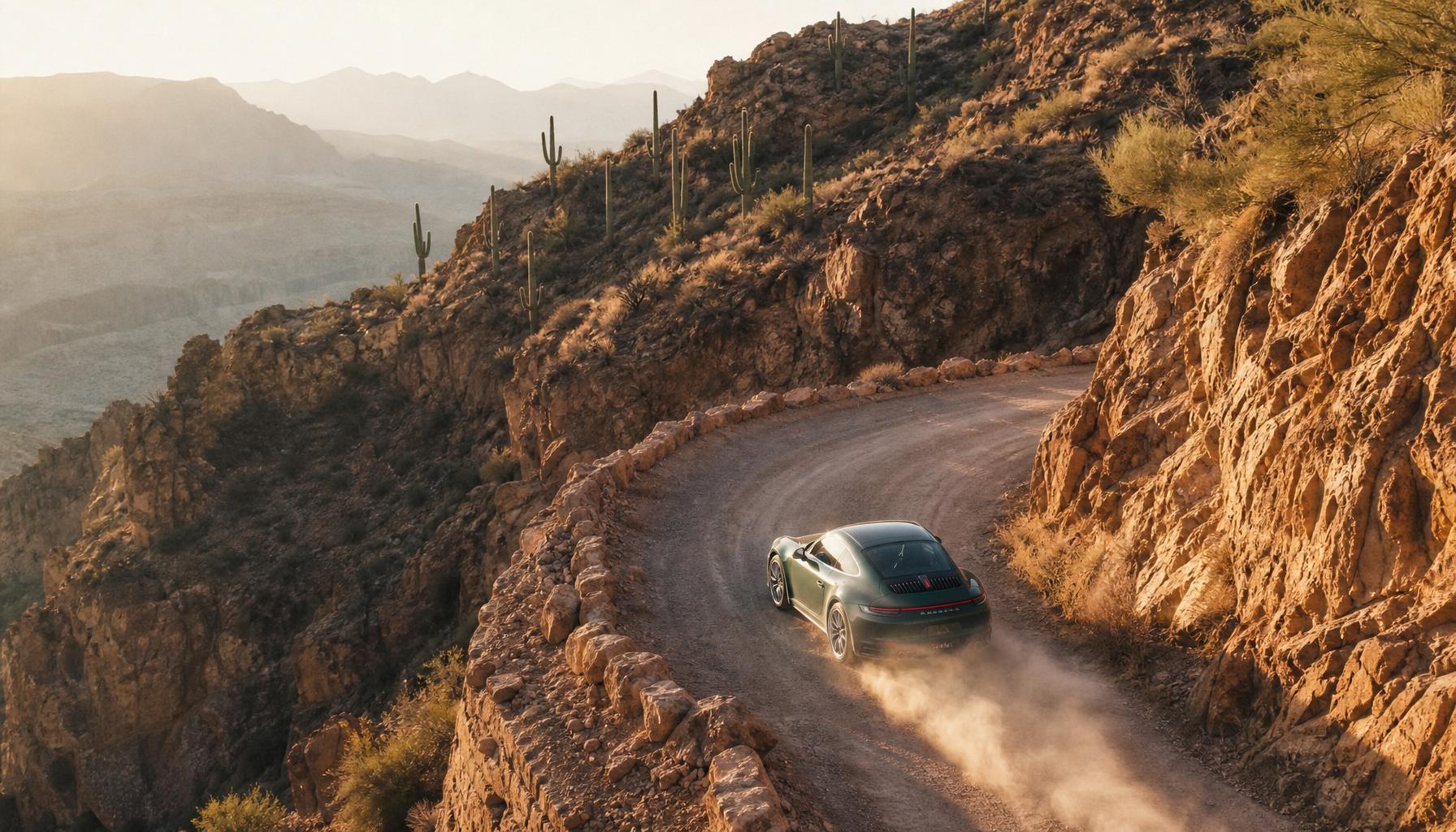 A high elevated angle of an Aventurine Green Porsche 911 threading a narrow switchback on the Apache Trail, red and ochre rock walls rising on either side, soft warm late afternoon golden light raking across the canyon, a faint plume of dust trailing behind the car