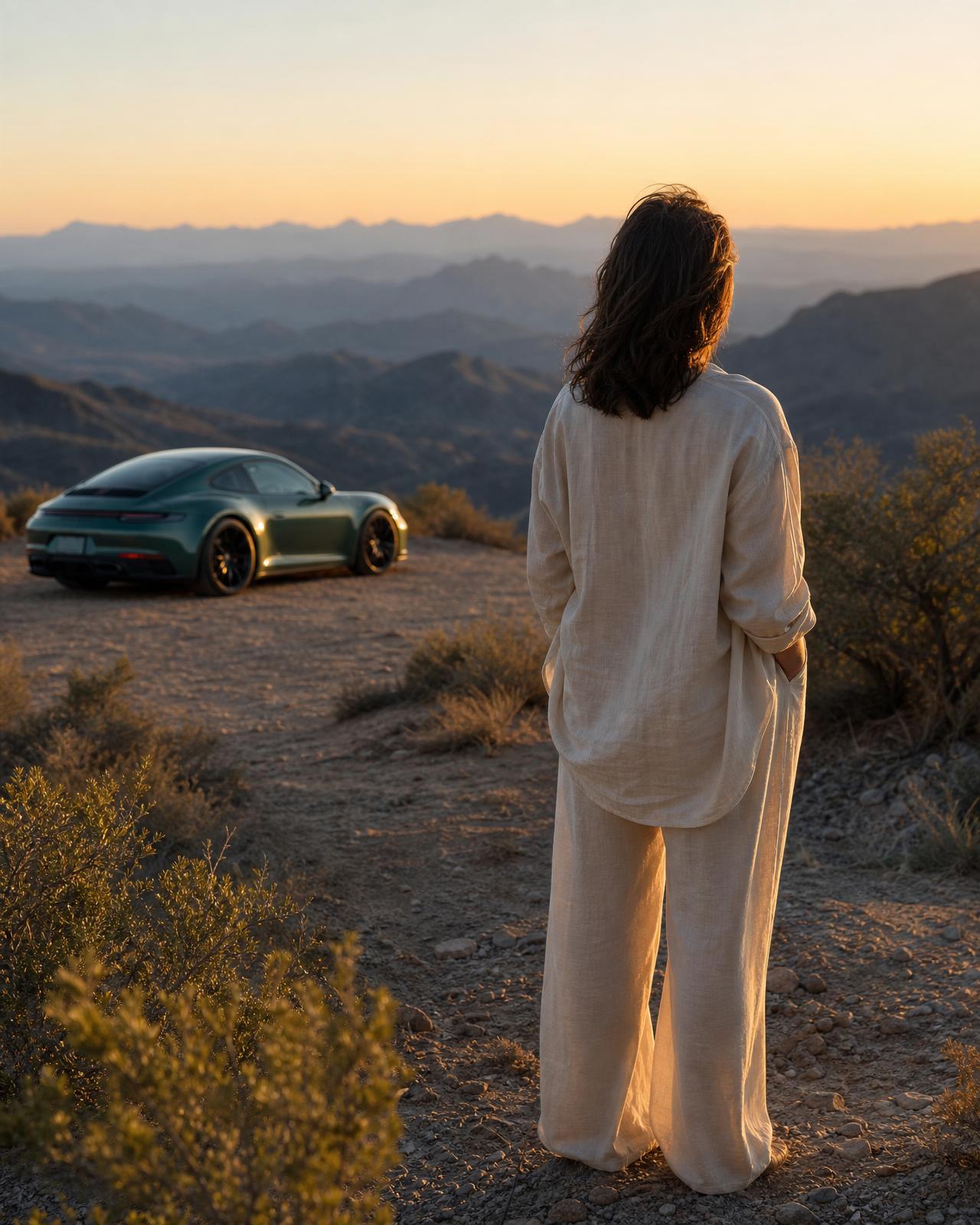 A woman in flowing cream linen standing alone with her back to camera at the edge of a desert overlook in golden hour, looking out across layered blue Arizona ridges fading to evening haze, warm rim light catching her hair, the Aventurine Green Porsche 911 visible as a small presence parked on the dirt pullout behind her