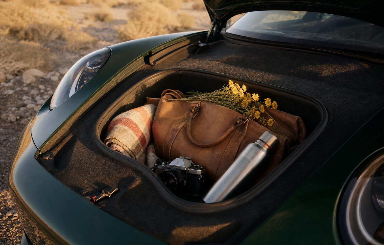 The open front trunk of the Aventurine Green Porsche 911 at a gravel pullout in late golden hour, carefully arranged inside: a worn tan leather weekender bag, a vintage film camera, a folded oatmeal and rust plaid wool blanket, a brushed steel thermos, and a small loose bunch of yellow desert wildflowers laid across the bag