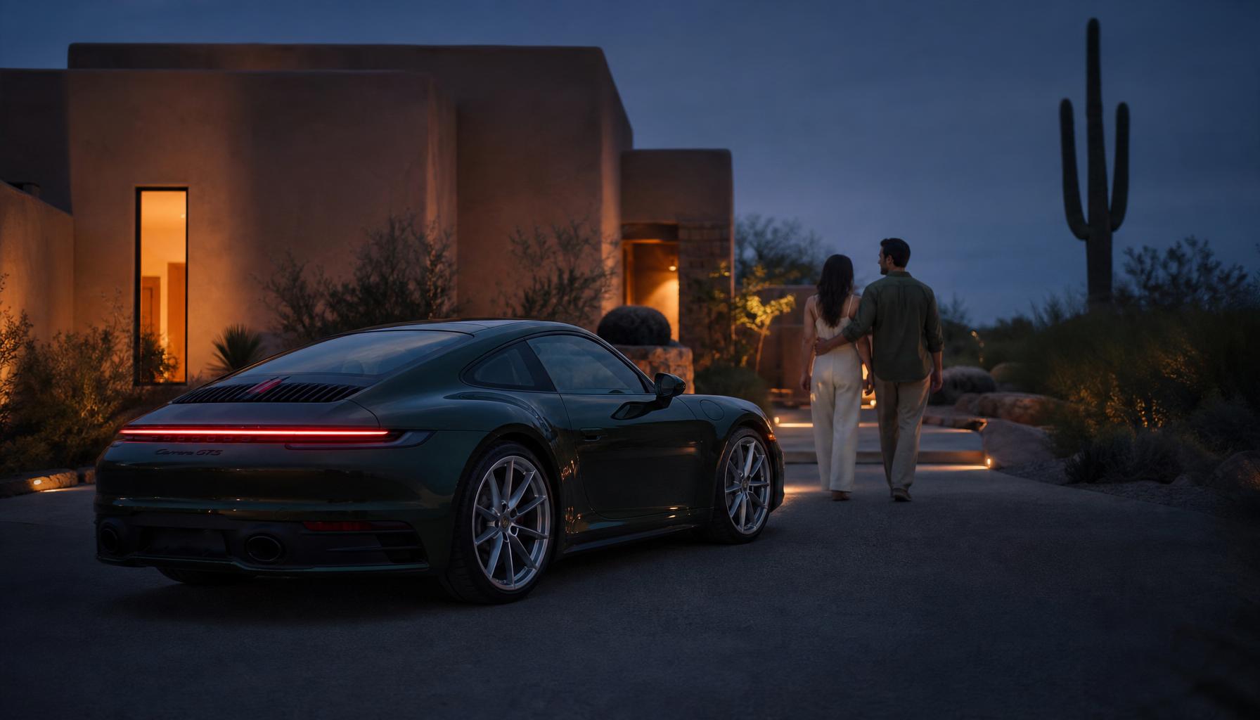 Late blue hour on a quiet north Scottsdale residential driveway, an Aventurine Green Porsche 911 parked in the foreground cooling, a low modern adobe desert home behind it with warm amber light spilling from a single tall window, the couple's silhouettes walking together toward the front door, a saguaro silhouette to the side