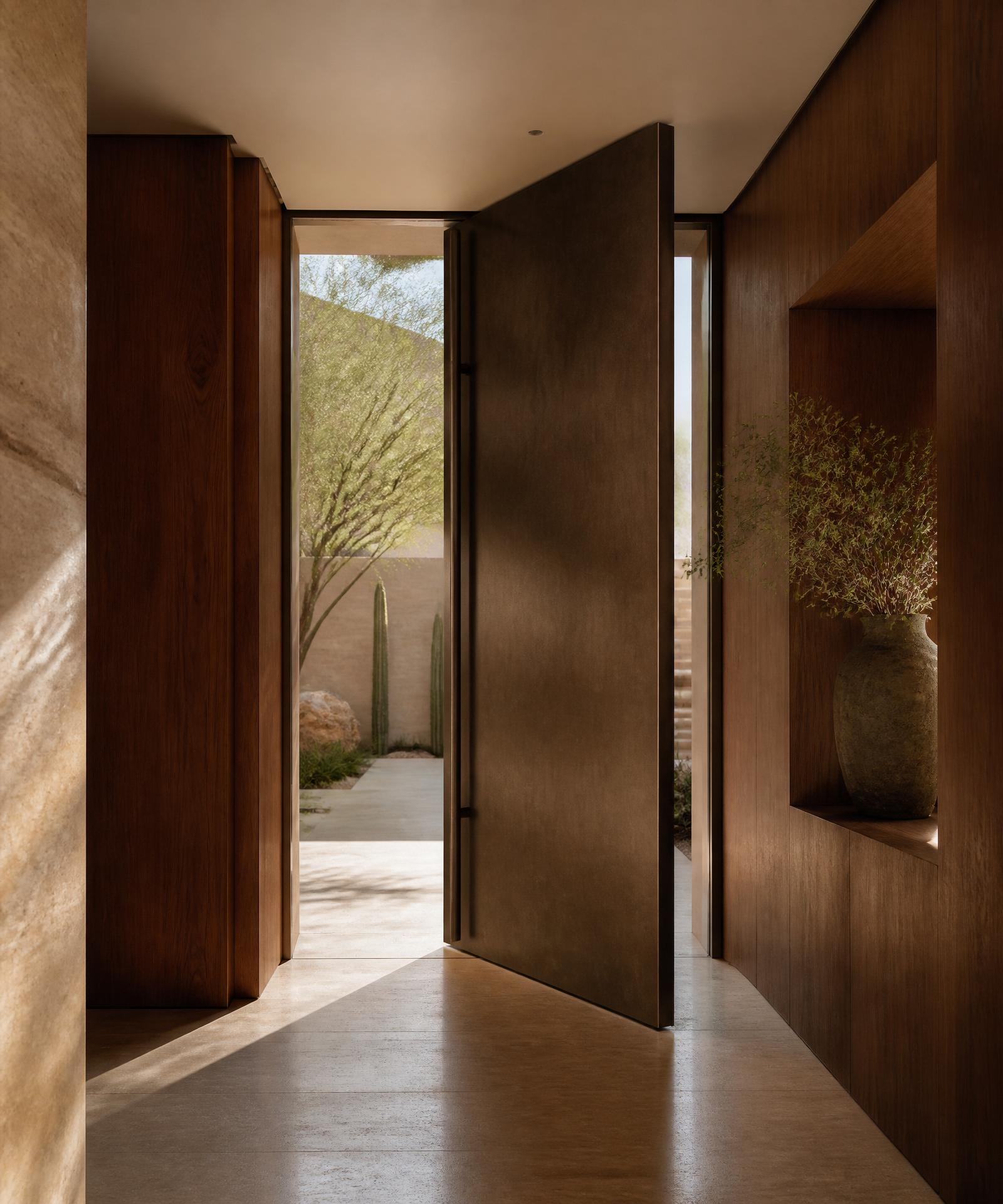An oversized bronze pivot door ajar at the threshold of a Sonoran modern home, framed by oiled walnut paneling and a honed travertine floor, morning light spilling in from the courtyard beyond