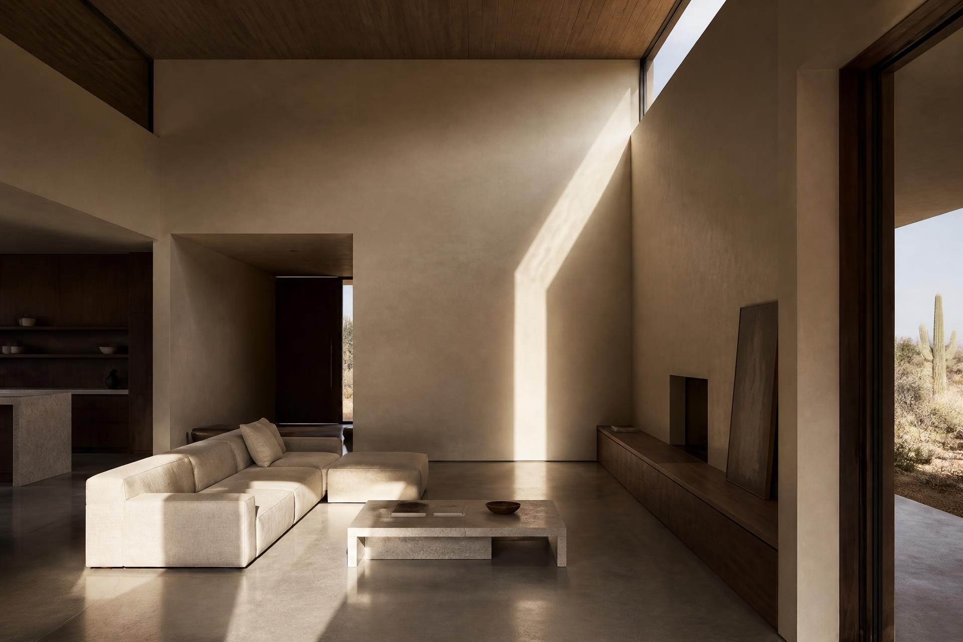 A great room in a Scottsdale desert modern home with a soaring clerestory window casting a single rectangular shaft of morning sunlight across a polished concrete floor and a low linen sofa, walls of warm plaster and walnut millwork