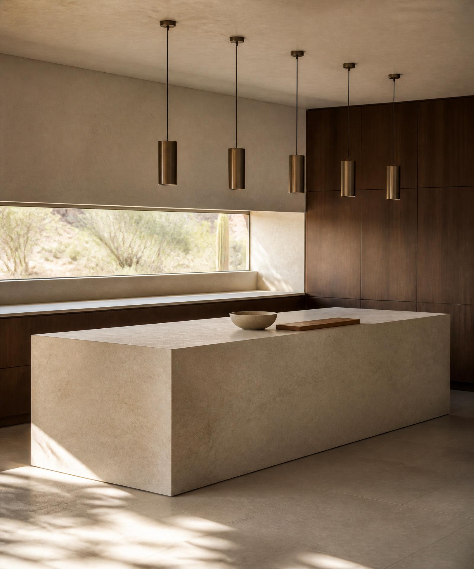 A monolithic honed limestone kitchen island in a Scottsdale modern home, oiled walnut cabinetry behind, a row of slender bronze pendant lights above, a single bowl and a wooden cutting board on the counter, morning light through a long horizontal slot window