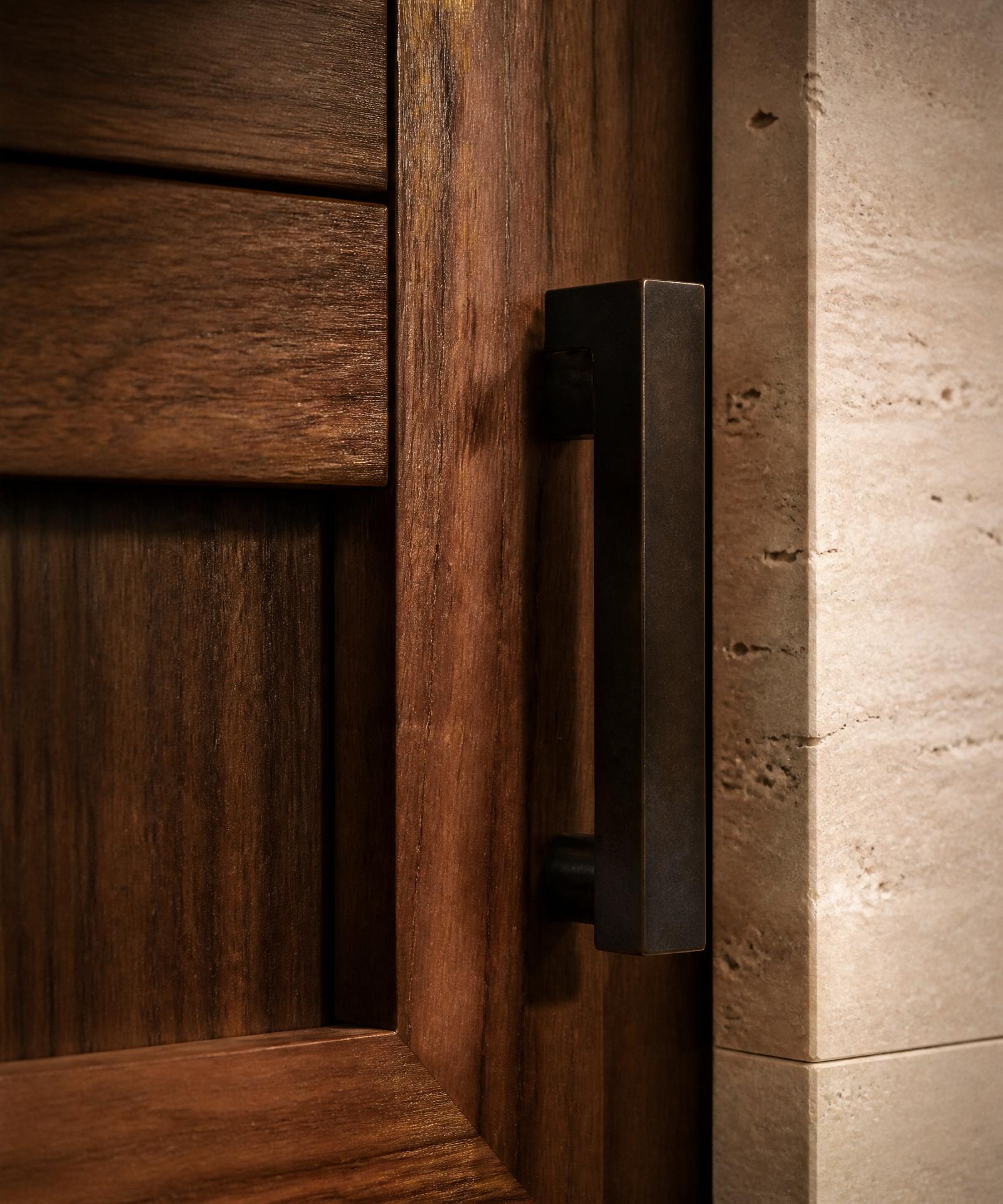 Macro detail of an oiled walnut cabinet joint meeting a blackened bronze cabinet pull, with a sliver of honed travertine wall beside it, warm raking light revealing wood grain and satin bronze patina