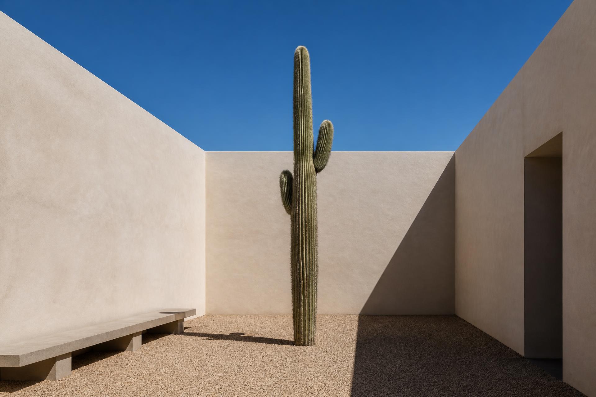 A walled interior courtyard of a Scottsdale desert residence with pale stucco walls enclosing a single century saguaro on crushed granite, a low concrete bench along one wall, deep shadow on one side and brilliant Sonoran light on the other