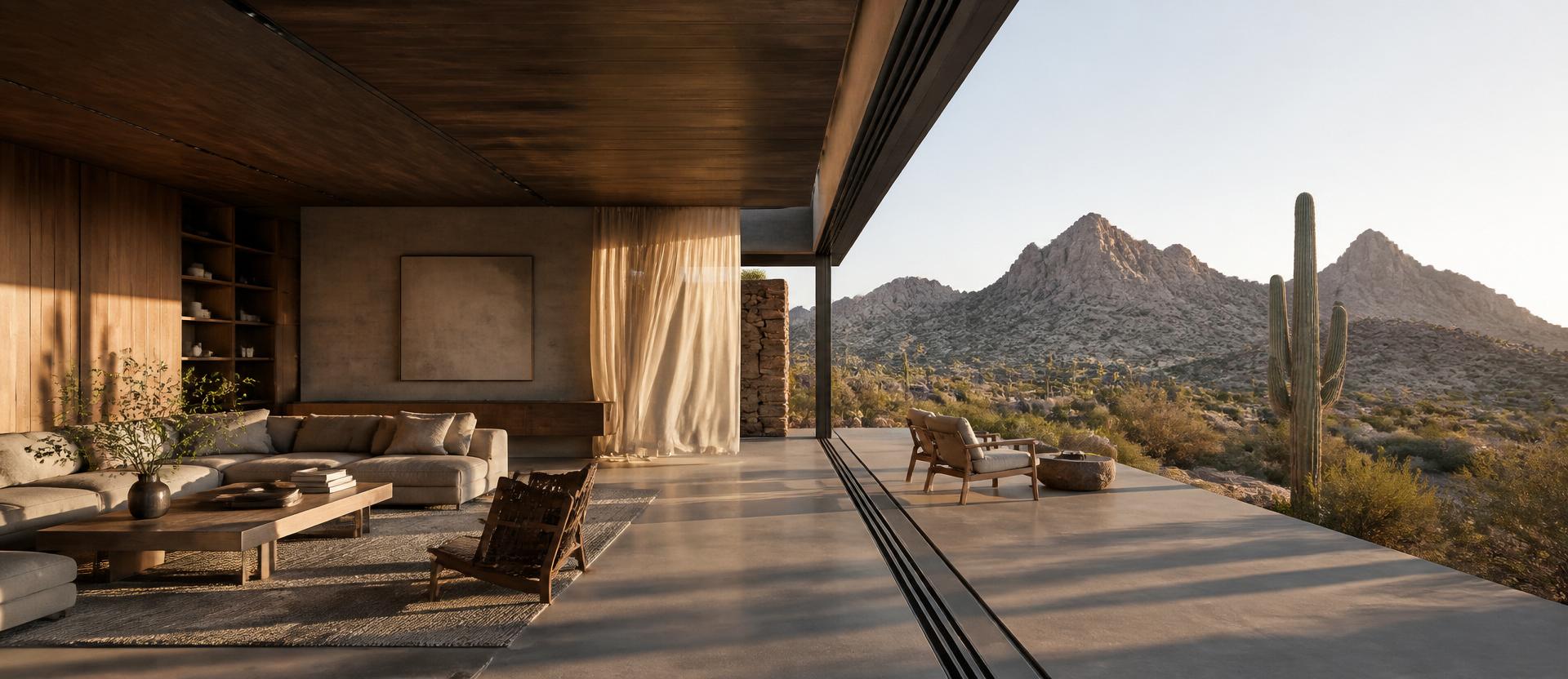 A thirty-foot wall of glass in a Scottsdale modern home slid fully open to the Sonoran desert, living room of concrete and walnut on the left, desert terrace and ridgeline on the right, late afternoon long-shadow light, linen drapery barely moving