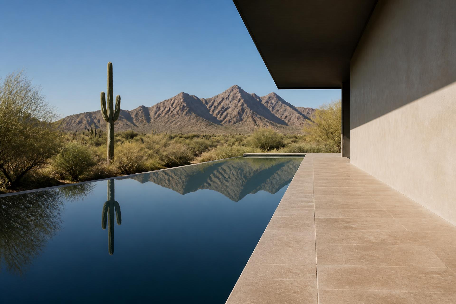 A long negative-edge lap pool beside a Scottsdale desert residence at noon, the water perfectly still and mirroring the McDowell Mountains and a single saguaro, honed travertine deck, deep overhang shadow on one side
