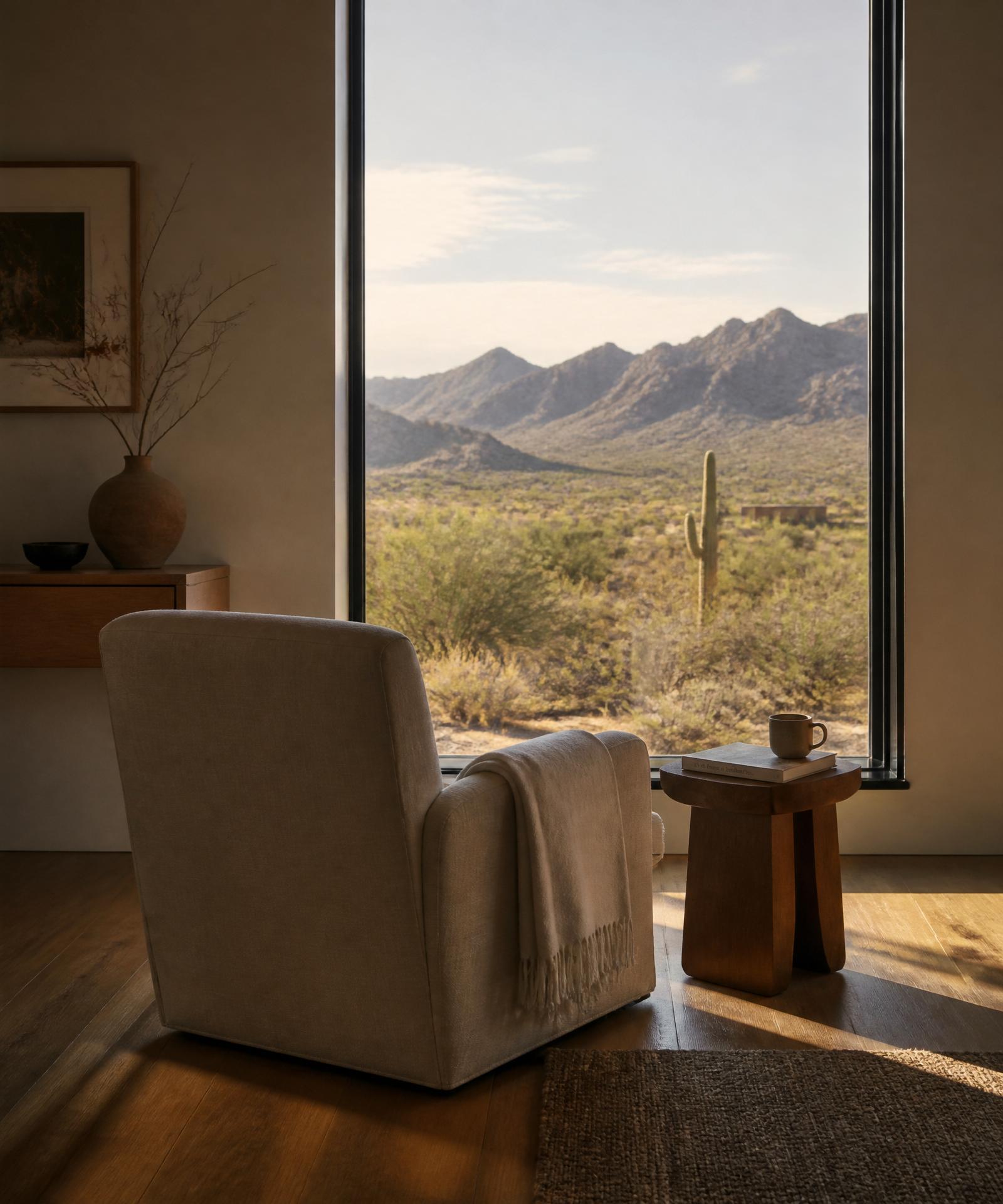 A single low linen armchair turned to face a tall window overlooking the Sonoran desert and McDowell ridgeline, a folded ivory throw across the arm, a hardcover book on a small walnut side table, a clay mug, late afternoon warm light pouring across the wood floor