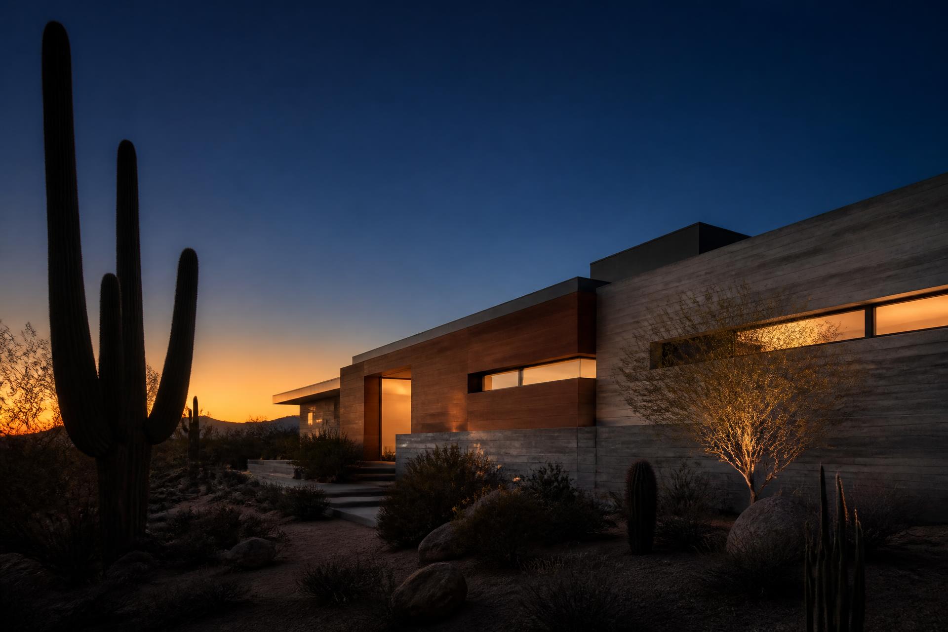 Exterior of a Scottsdale desert modern home at dusk, warm interior lamps glowing through long horizontal slot windows in a board-formed concrete and walnut facade, deep cobalt sky above with the last touch of orange on the horizon, saguaros silhouetted in the foreground