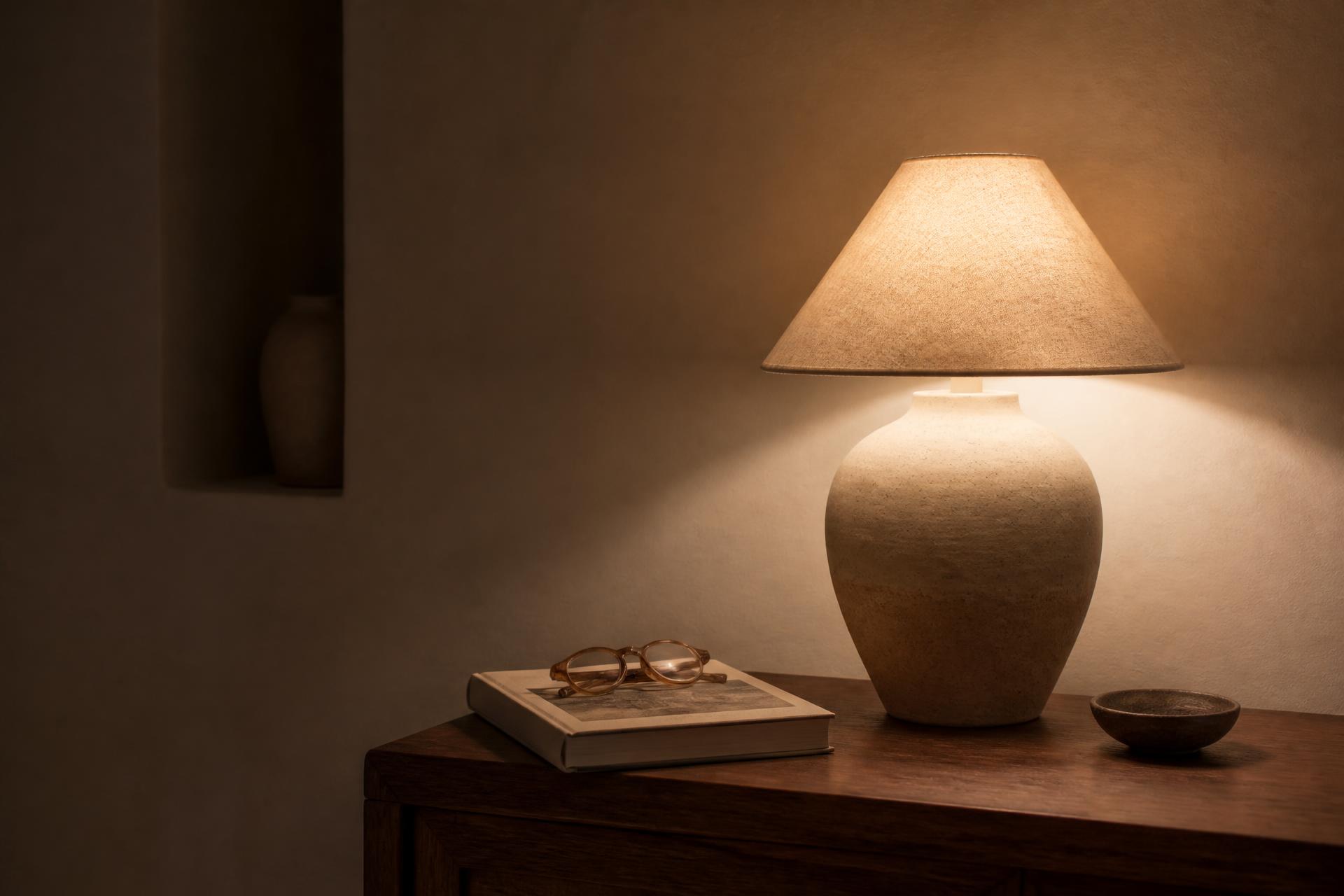 A single ceramic table lamp glowing warmly on a walnut side table beside a hardcover book and a folded pair of reading glasses, against a softly lit plaster wall in a Scottsdale modern home at night