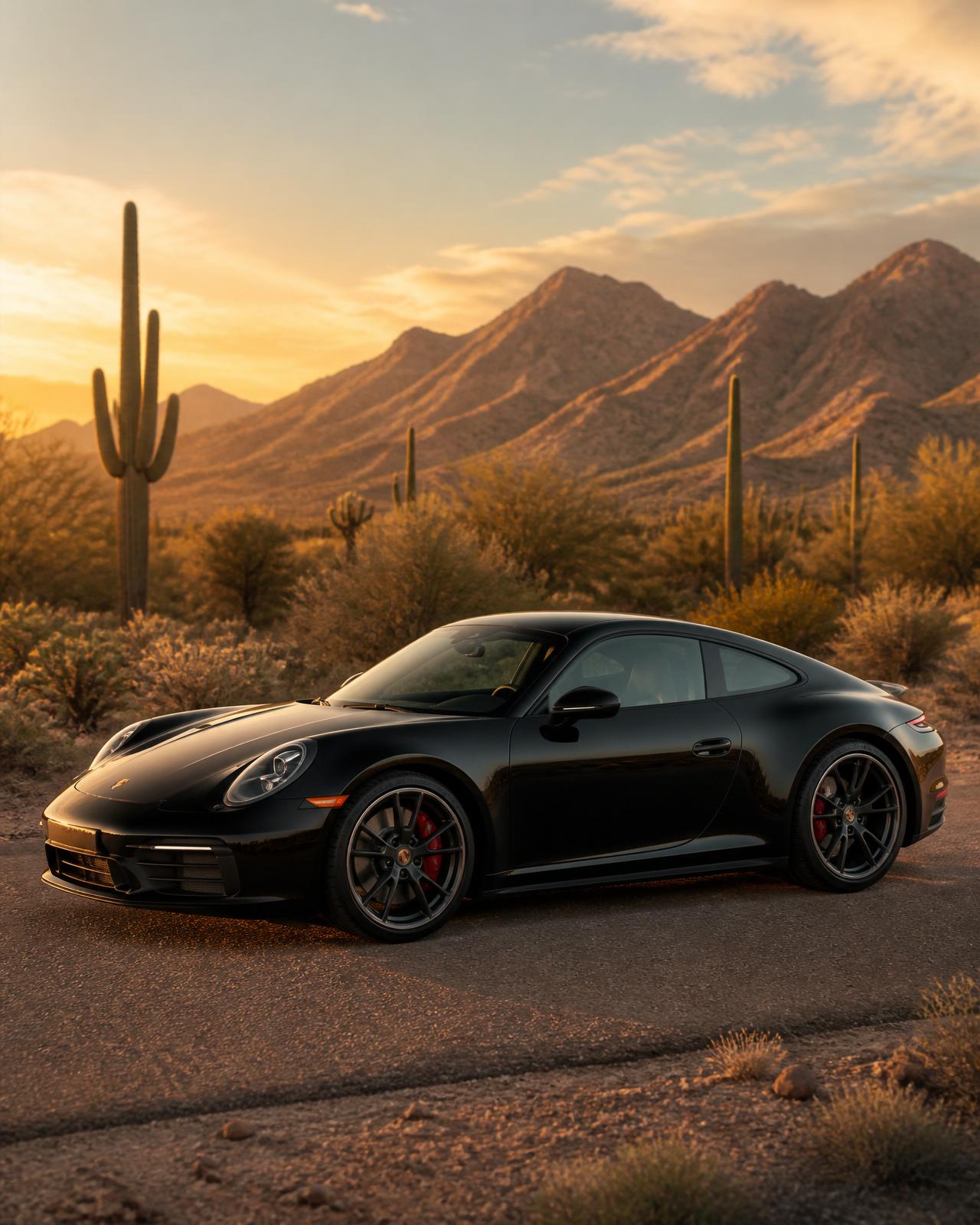 A Porsche on a desert road